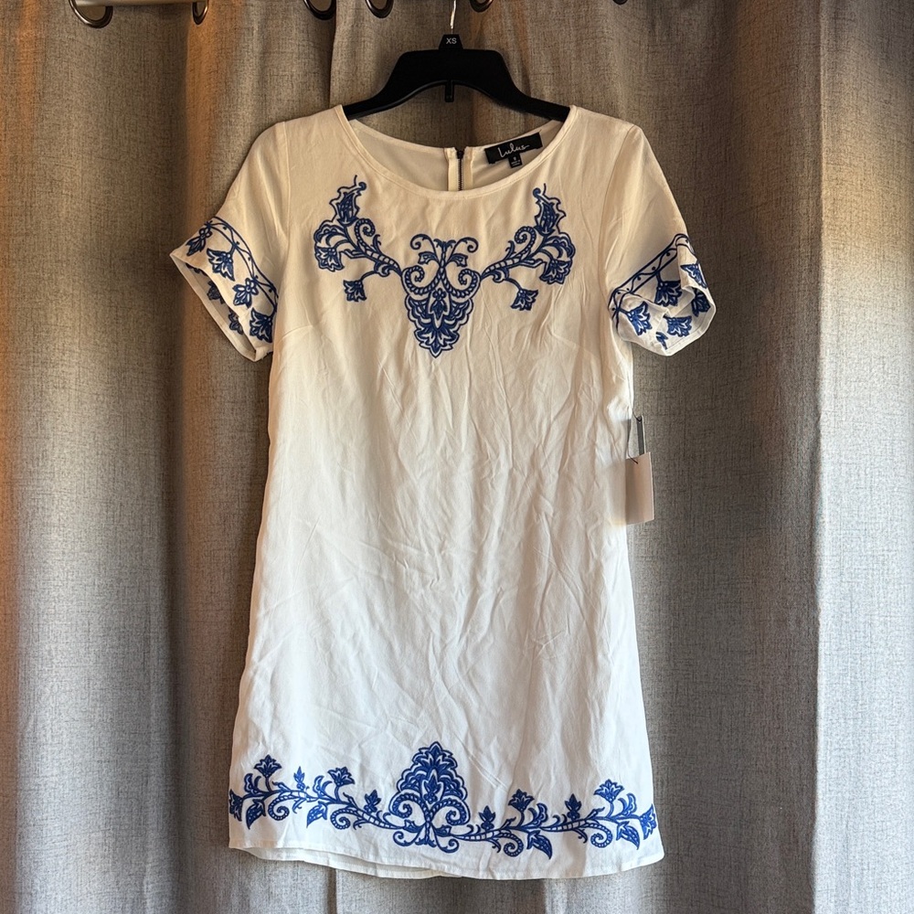 Lulus White Dress with Blue Embroidery Small